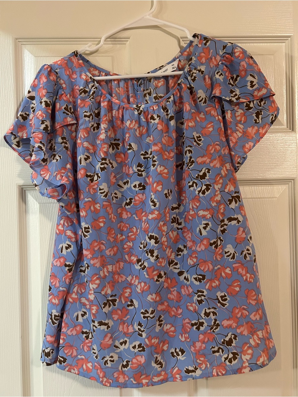 Nine West Blue Floral Ruffled Sleeve Blouse